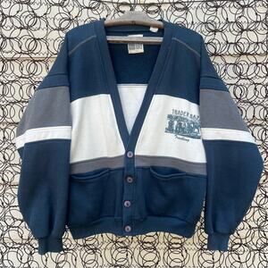Vintage 90s Trader Bay blue white gray color block stripe sweatshirt cardigan